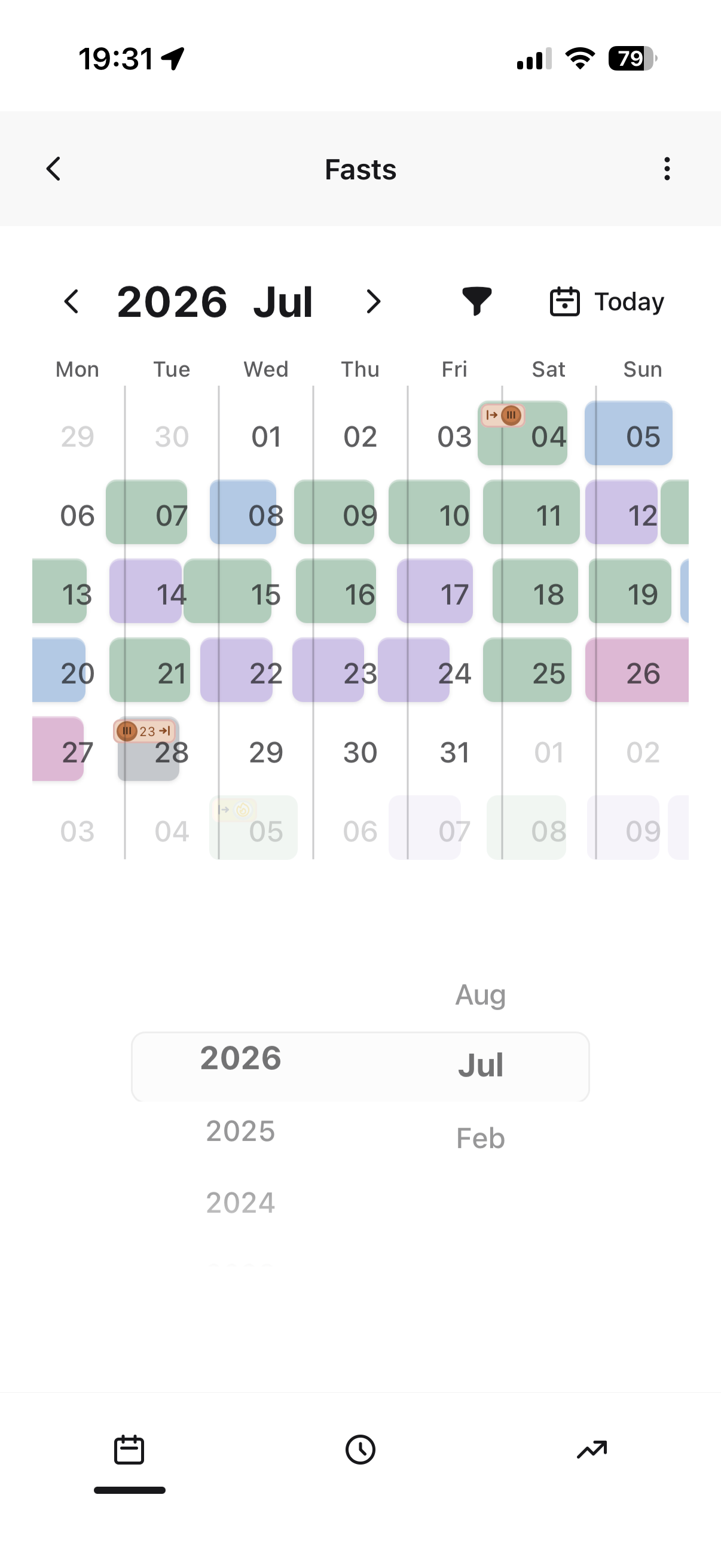 Stay at Zero calendar month and year view